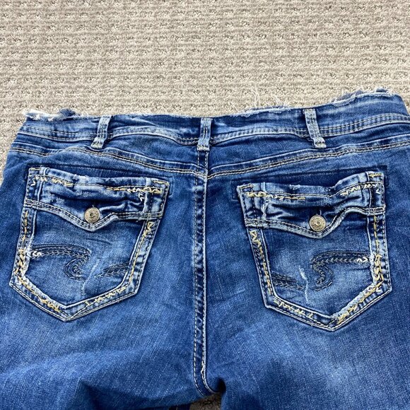 Silver Jeans Women's Cut-off Pants ELYSE Size 34 Slim Blue Denim Jeans Distress - Picture 7 of 14